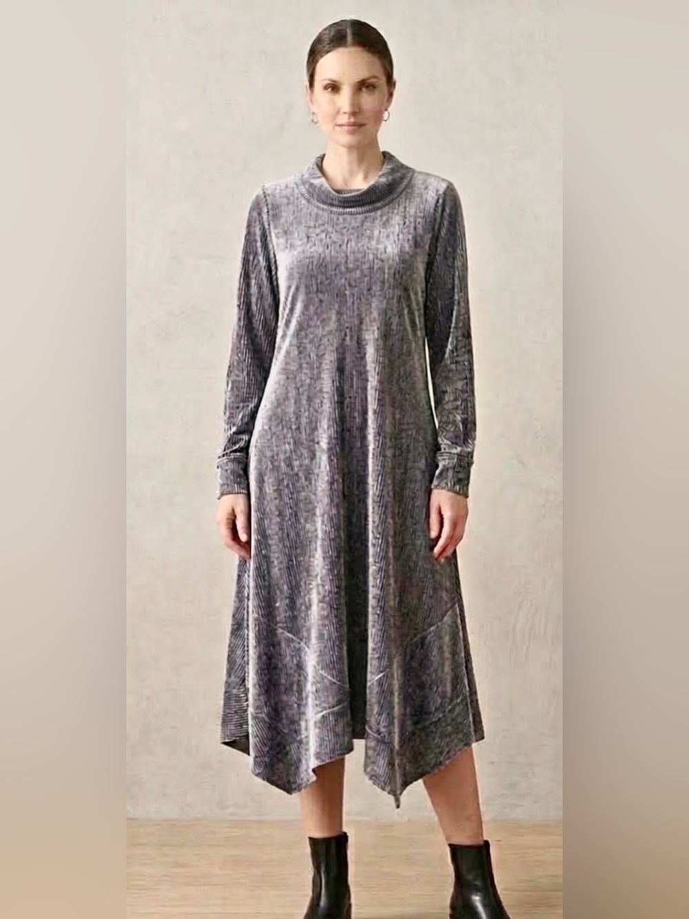 Soft Surroundings Salvaza Velvet Dress Crushed Mock Neck Asymmetrical Hem Large